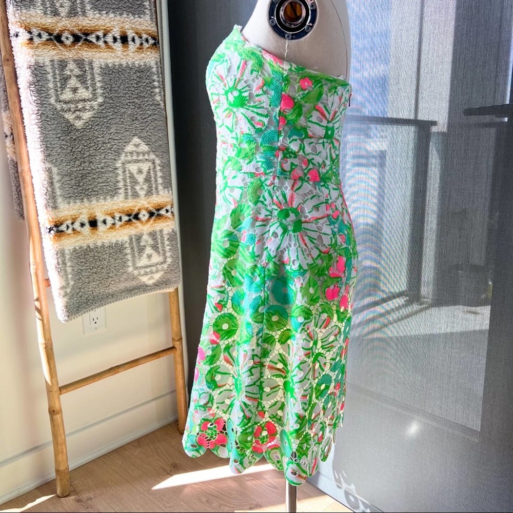Lilly Pulitzer Rana Splish Splash White Green Pink Lace Off The Shoulder Dress 4 - Picture 3 of 8